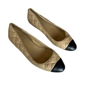 Chanel Quilted Leather Flats Size 37 Beige Black Almond Cap Toe Classic Luxury